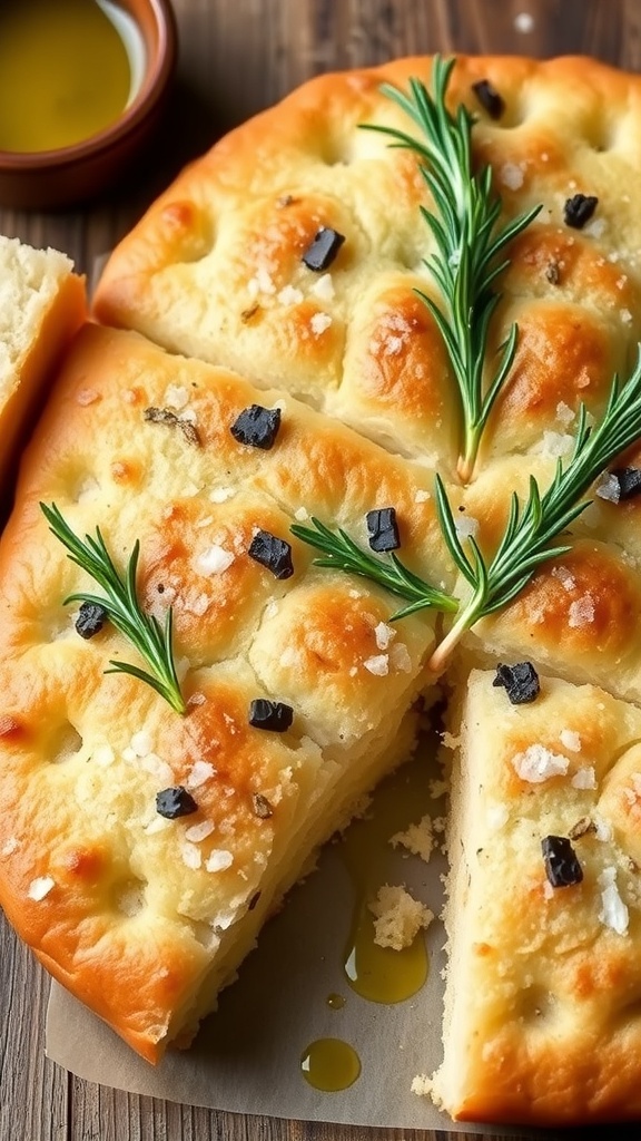 Keto Focaccia Bread Recipe Keto focaccia bread topped with rosemary and sea salt, cut into squares on a wooden table.